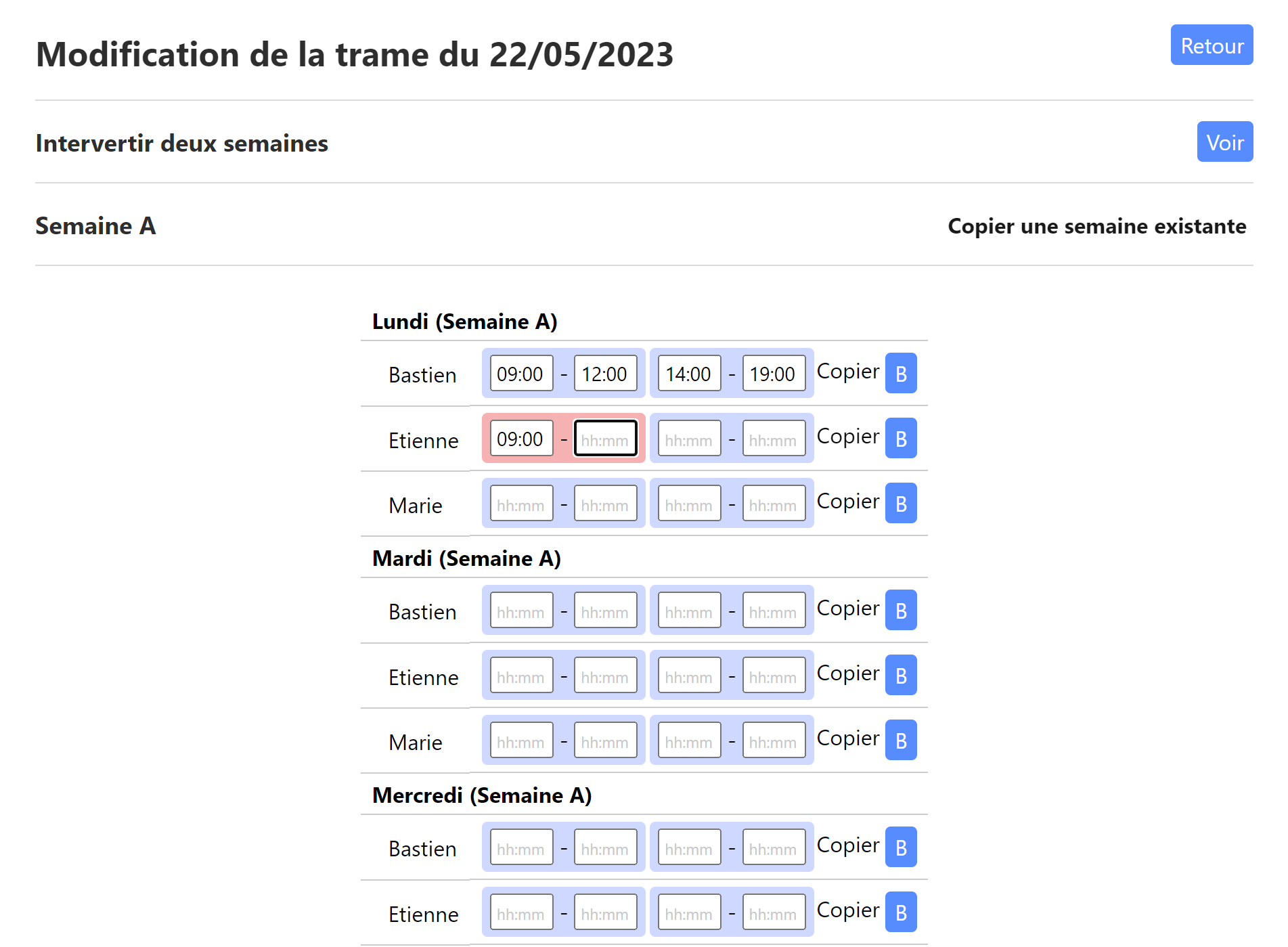 Paramétrage des horaires des collaborateurs